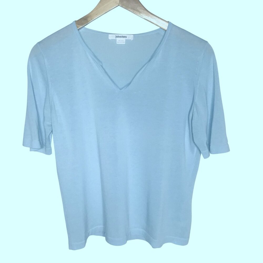 JOHNSTONS Scotland Blue Cotton Knit Top Short Sleeve Minimalist Luxury Tee Sz S